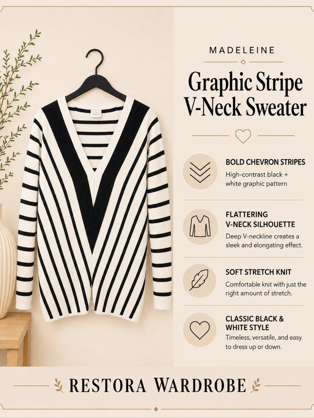 MADELEINE Black White Graphic Chevron Stripe V-Neck Sweater Retro Mod